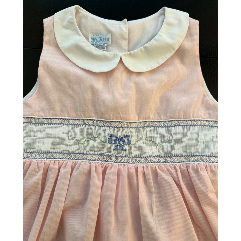 Vive La Fete Hand-Smocked Sleeveless Dress Girls Size 8 Pink/White Embroidered
